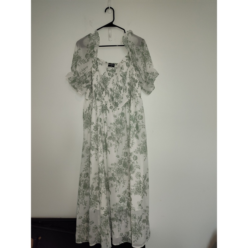 Scarlet Darkness Women 2XLFloral Toile Smocked MidiDress Green White Puff Sleeve